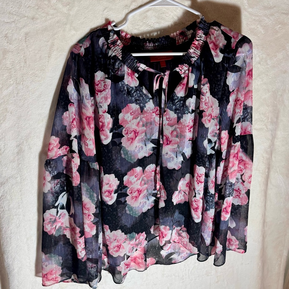 Jennifer Lopez Rose Floral Chiffon Blouse – Metallic Stripe & Bell Sleeve - L